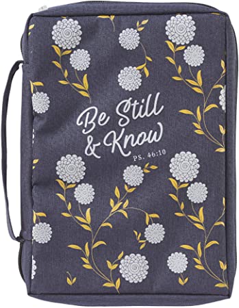 Be Still and Know Psalm 46:10 Floral Navy Blue Canvas Bible Cover for Women Large Zippered Case for Bible or Book w/Handle