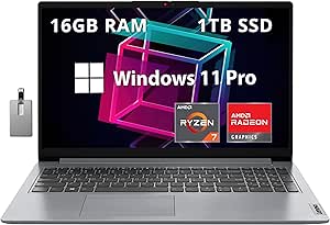 Lenovo IdeaPad 1 15.6" FHD Anti-Glare Laptop, AMD Ryzen 7 5700U, 16GB RAM, 1TB PCIe SSD, AMD Radeon Graphics, HD Webcam, WiFi 6, Bluetooth, Win 11 Pro, Cloud Gray, 32GB Hotface USB Card