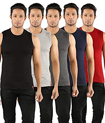 SOLO Men’s Designer Round Neck Cotton Muscle Tee Vest Casual Sleeveless/Classic Soft Stretchable Short Crew Undershirt (Pack of 5)