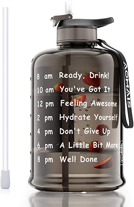 AOMAIS Motivational 1 Gallon Water Bottle with Time Marker & Straw, BPA Free Big Water Bottles,Wide Mouth, Leak Proof Lid with Spout, Reusable Plastic Large Water Jug for Sports Outdoor Activity