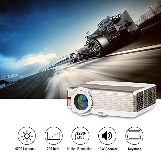 LED LCD 4200 Lumens WXGA High Resolution Projector 200" Home Outdoor Movie Theater Proyector with Dual HDMI,Dual USB,VGA,AV,TV,Audio Out for iPhone Smartphone DVD Playstation Xbox Games Laptop Mac