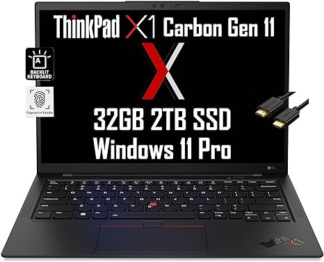 Lenovo ThinkPad X1 Carbon Gen 11 14" QHD  (Intel 13th Gen 10-Core i7-1355U, 32GB RAM, 2TB SSD) Business Laptop, Long Battery Life, Backlit, Fingerprint, FHD Webcam, Wi-Fi 6E, IST Cable, Win 11 Pro