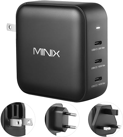 MINIX 140W USB C Charger Mac Book Pro Charger Foldable, PD 3.1 PPS 3 x USB Type C Ports (Max 140W) Fast GaN II Loptop Wall Power Adapter Compatible with MacBook Pro16” iPhone 14, Galaxy and More.