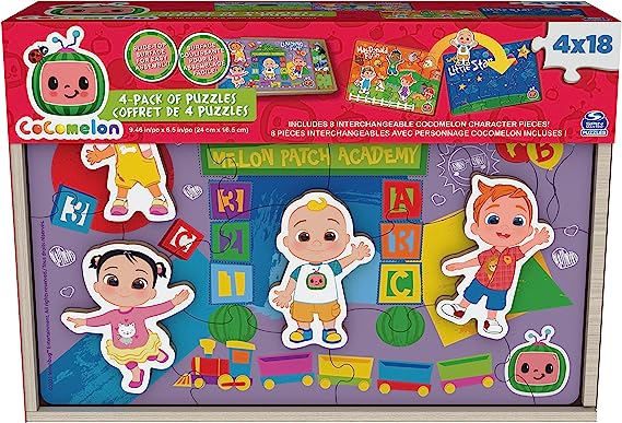 Spin Master Games CoComelon, 4-Pack Wooden Puzzles, 18-Pieces Each Jigsaw Toy Gift Set with Interchangeable Characters, for Kids Ages 3 and up