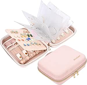 ProCase Medium Travel Jewelry Organizer Case, Jewellry Home Storage Book Ring Binder with Clear Pockets for Presentation, Zippered Pouch Bag for Earrings Necklaces Bracelets Accesorries -Pink