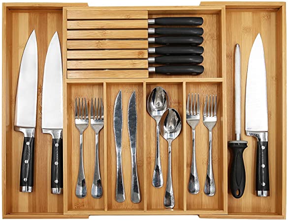Bamboo Utensil Drawer Organizer, Kitchen Expandable Cutlery Tray With Divider | 17.25"-22" Flatware Holder And Knife Block Storage | Wooden Drawer Organizer For Manual Tools And Office Supplies