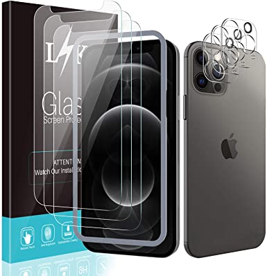 [3 3 Pack] LϟK for 3 Pack iPhone 12 Pro Screen Protector with 3 Pack Camera Lens Protector, 6.1 inch [Tempered Glass] [Easy Installation Tray] 9H Hardness Case Friendly，Not for iPhone 12