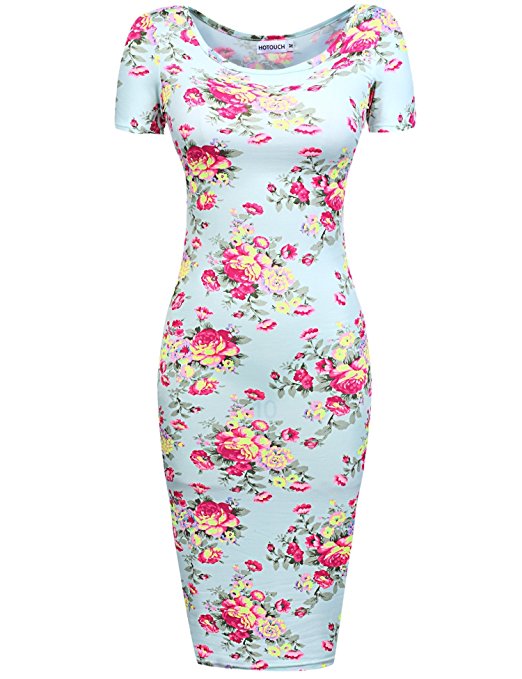 Hotouch Womens Floral Sweetheart Bodycons Midi Dress Short Sleeve Scoop Neck Pencil Slim Dress