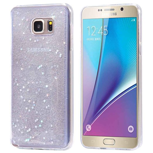 For Samsung Galaxy Note 5 Case, FLOVEME [Slim Fit] [Bling Crystal] Premium Ultra Thin Glitter Sparkle Stars Extra Grip Soft Silicone Gel Rubber Shockproof Back Holder Cover - Silver
