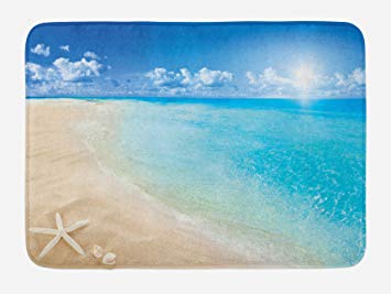 Ambesonne Beach Bath Mat, Sunny Summer Seashore with Clear Sky Seashells Starfish Clouds Aquatic Picture, Plush Bathroom Decor Mat with Non Slip Backing, 29.5 W X 17.5 W Inches, Aqua Cream Blue