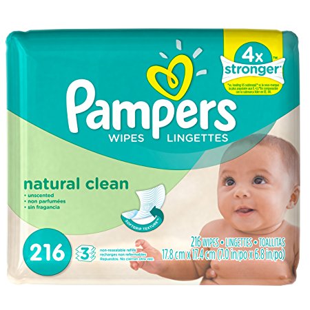 Pampers Baby Wipes Natural Clean (Unscented) 3X Refills, 216 Diaper Wipes