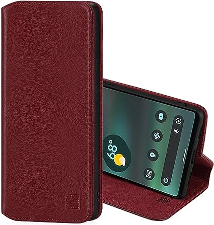 32nd Classic Series 2.0 - Real Leather Book Wallet Case Cover for Google Pixel 6A, Real Leather Design with Card Slot, Magnetic Closure and Built in Stand - Burgundy