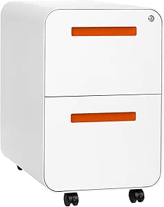 Laura Davidson Furniture Stockpile 2 Drawer Mobile File Cabinet with Lock - Under Desk Metal Filing Cabinet, Legal/Letter File Folders, Wheels and Stationary Feet, Pre-Assembled, White/Orange