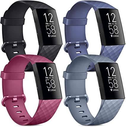 [4 Pack] Soft Silicone Wristbands Compatible with Fitbit Charge 4 Bands, Sports Straps for Fitbit Charge 4 / Charge 3 / SE (Black, Navy Blue, Wine Red, Blue Gray, Small)