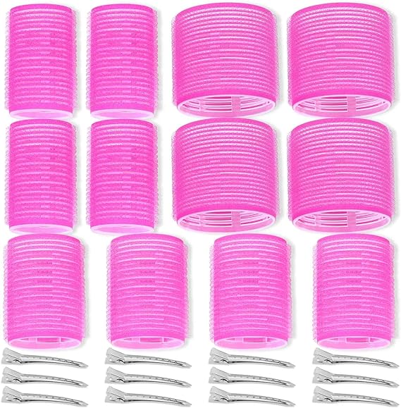 Self Grip Hair Rollers Curlers 24 Pcs Set with 12Pcs Heatless Hair Rollers 3 Sizes (4 Jumbo, 4 Large & 4 Medium) and 12 Pcs Hair Clips for Long Medium Short Thick Fine Thin Hair Volume