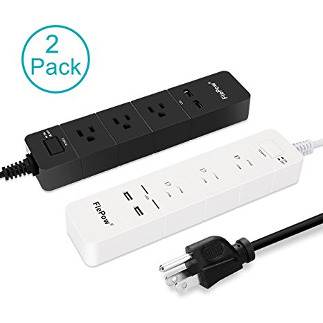 FlePow Mini Power Strip 3-Outlets 1875W/15A Charge Station 2 USB Charge Ports Antiskid Pad Dustproof 2 Pack Black/White