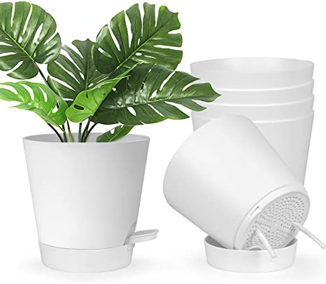 RIOGOO Self Watering Planters ,Plastic Planter with Removable High Drainage Deep Reservoir to Maintains Healthy Roots ,Modern Decorative Plant Pots for Indoor Plants (6 Pack 6" White)