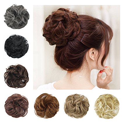 BARSDAR Wavy Curly Messy Bun Updo Hairpiece Scrunchy Scrunchie Ribbon Ponytail Hair Extensions Hair Piece Donut Hair Chignons Wigs for Women --Light Golden Brown & Light Blonde Ombre