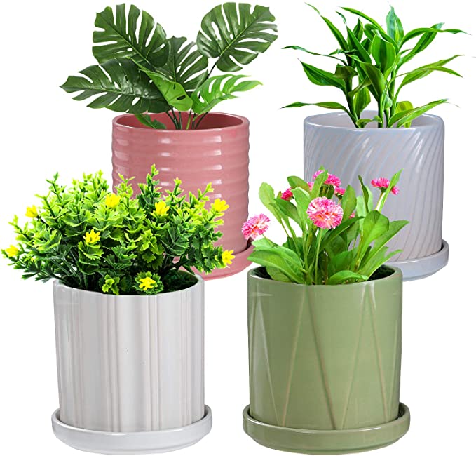 4 Pack Plant Pots - 4 Inch Ceramic Cylinder Planters with Connected Saucer Modern Decorative Plant Containers for Succulent and Snake Plants