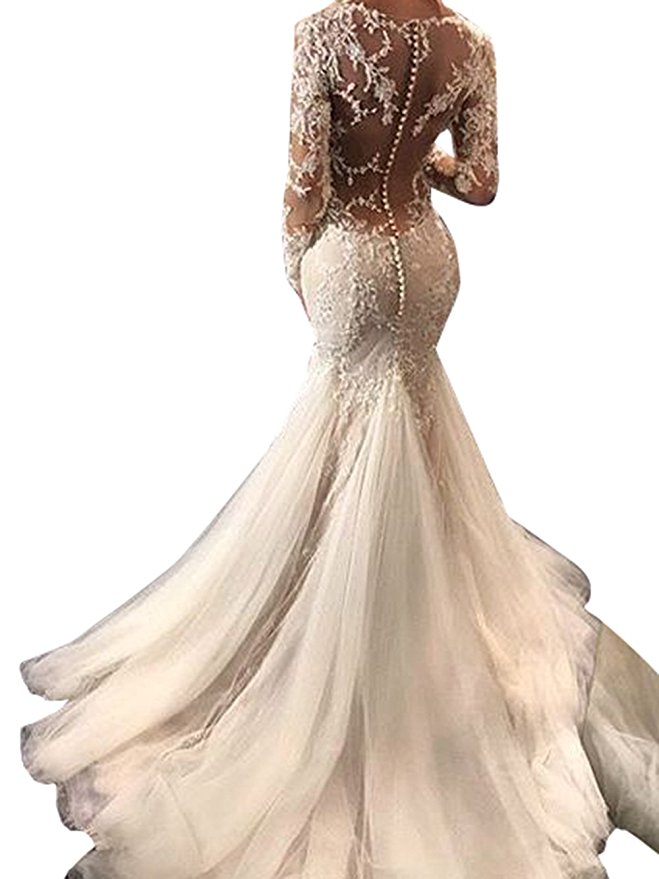 Mella 2016 Mermaid Wedding Dresses Long Sleeves Lace Hand-Beaded Sheer Back Sexy Bridal Gowns