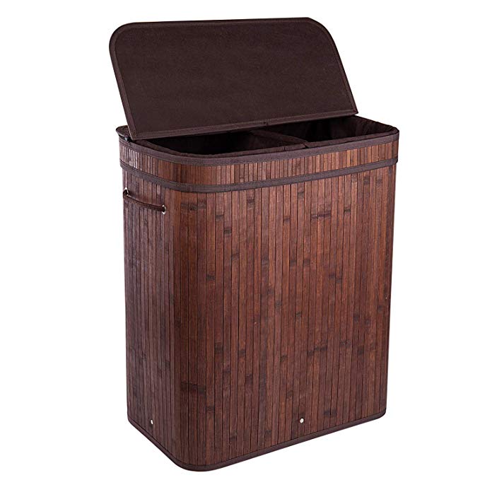BRIAN & DANY 100L Bamboo Laundry Basket 2-Sectional Washing Box Bin Storage Hamper with Lid and Removable Liners
