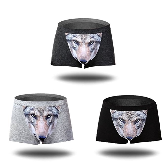 Men's Seamless Boxer Brief Stretchable Underwear 3D Printing 3-pcs Set, Sexy Hipster Wolf Animals