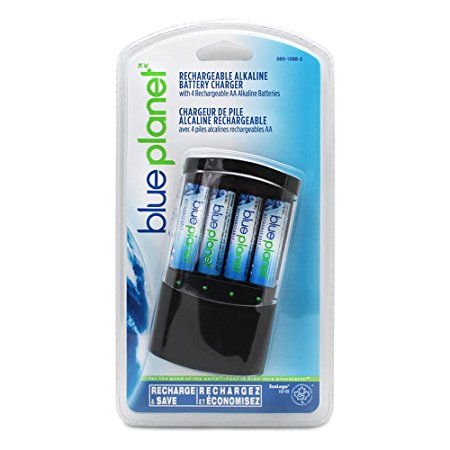 BluePlanet Green Energy Battery Charger & 4 AA Rechargeable Alkaline Batteries