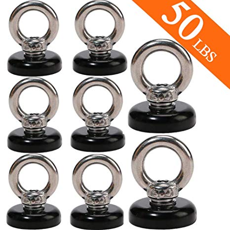 Grtard 8 Pack Neodymium Magnetic Hooks, Permanent, Rare Earth Magnets with Eyebolt 50 LB(17 KG) Pulling Forces with Countersunk Hole Eyebolt Diameter 0.99 inch(25 mm) for Retrieving in River and Mag