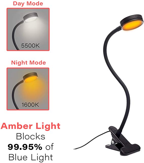 Headboard Clip On Reading Light, Blue Light Blocking, Amber LED Night Light for Reading in Bed, at Computer or Desk. Day/Night Modes for White/Amber Light. 1600K Sleep Aid Light by Hooga. Black