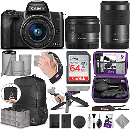 Canon EOS M50 Mirrorless Digital Camera and EF-M 15-45mm Lens   Canon EF-M 55-200mm f/4.5-6.3 is STM Lens with Altura Photo Advanced Accessory and Travel Bundle