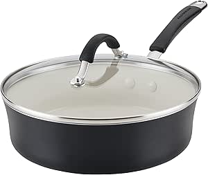 Rachael Ray Cucina Ceramic Nonstick Saute Pan with Lid, 3 Quart Non Stick Sauteuse Pan, Dishwasher Safe - Peppercorn