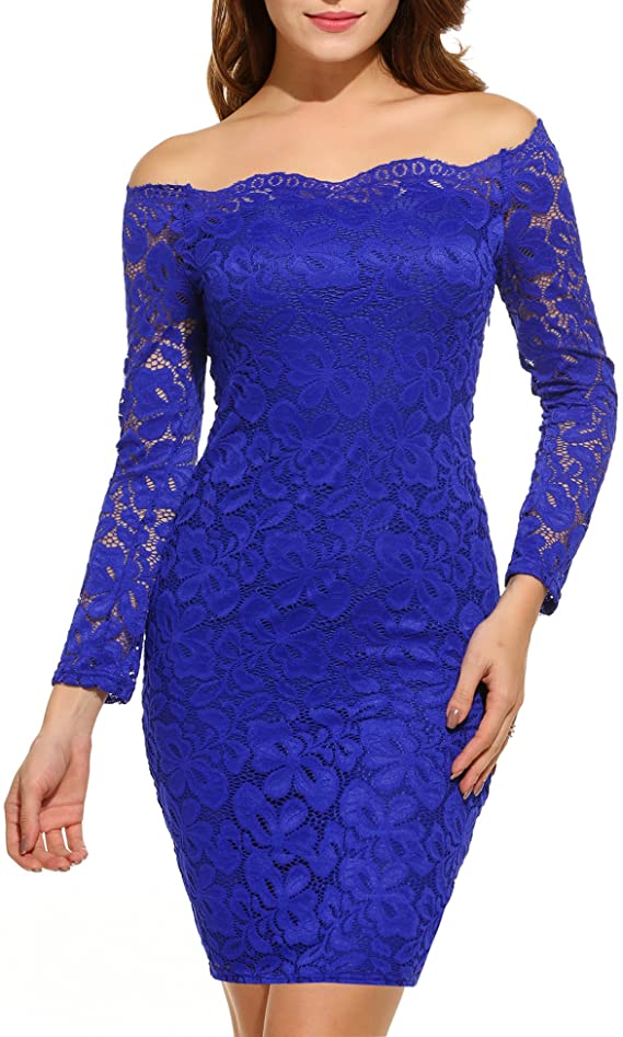 ACEVOG Women Off Shoulder Floral Lace Party Dress