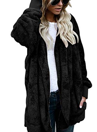 Asskdan Women's Fuzzy Velvet Open Front Loose Fitting Long Jacket Coat with Hoodie