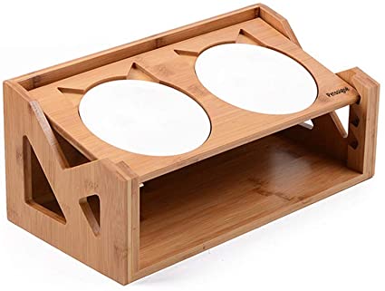 Petsoigné Cat Bowls Pet Dining Table with Raised Slope Wooden Stand Elevated Pet Bowls with Oblique Stand for Cats, Dogs, Kitten and Puppy