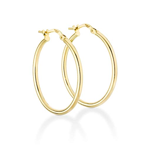 Miabella 18K Gold Over Sterling Silver Italian 2mm Polished Round Hoop Earrings for Women Men 15mm, 20mm, 30mm, 40mm