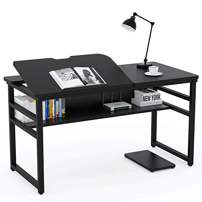 Tribesigns Modern Drafting Desk Drawing Table with Storage Shelf, 55 inch Large Computer Desk Writing Desk Craft Workstation with Tiltable Tabletop for Artist, Home Office (Black)