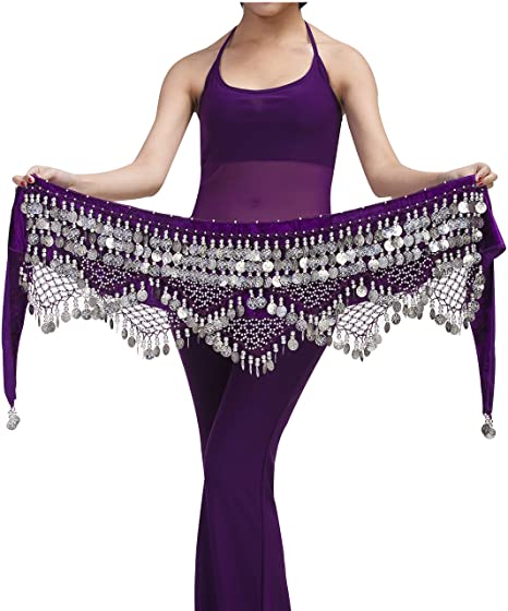 Women's Sparkly Belly Dance Hip Scarf Sewed with 320-Gold Coins Wave Shape Skirts Wrap (Purple-Silver)