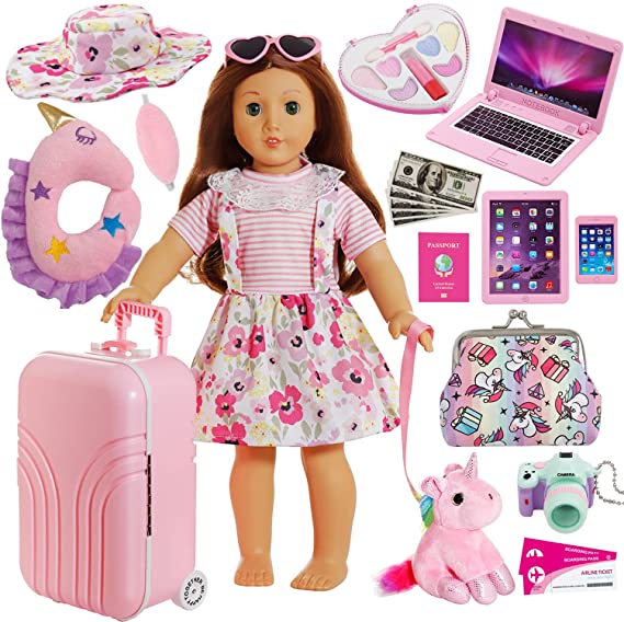 Windolls American 18 Inch Girl Doll Suitcase Travel Luggage Play Set Accessories - 18" Doll Travel Carrier Storage, Include Case, Doll Clothes, Hat, Sunglasses, Camera, Unicorn Pillow, Toy Pet, etc