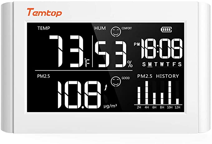 Temtop P20 Digital Thermometer and Hygrometer PM2.5 Air Quality Monitor Tabletop Temperature Monitor Humidity Gauge Meter with Comfort Level Icon and Rechargeable Battery –White