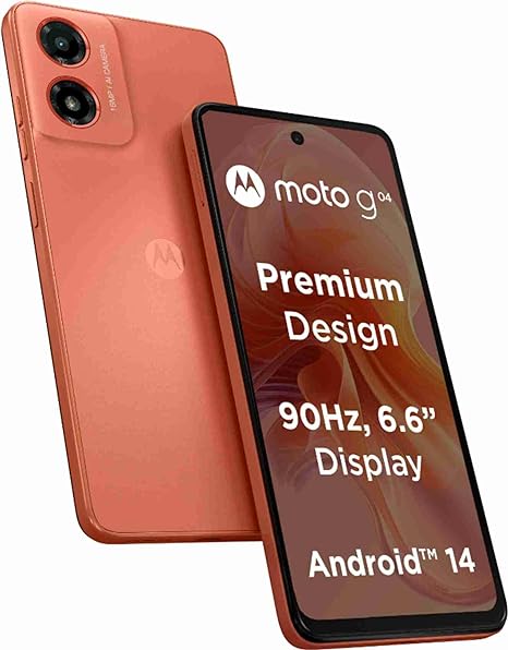 Motorola G04 4G (Sunrise Orange, 4GB RAM, 64GB Storage) | up to 8GB with RAM Boost | 6.6" Punch Hole Display | 16MP Rear Camera | 5MP Front Camera | IP 52 water-repellent design | 5000 mAh |Android 14
