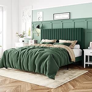 Allewie Full Bed Frame, Velvet Upholstered Platform Bed with Adjustable Vertical Channel Tufted Headboard, Mattress Foundation with Strong Wooden Slats, Box Spring Optional, Green