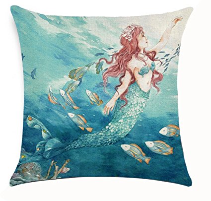 Cotton Linen Square Decorative Throw Pillow Case Cushion Cover Watercolor Mermaid 18 "X18 " ...