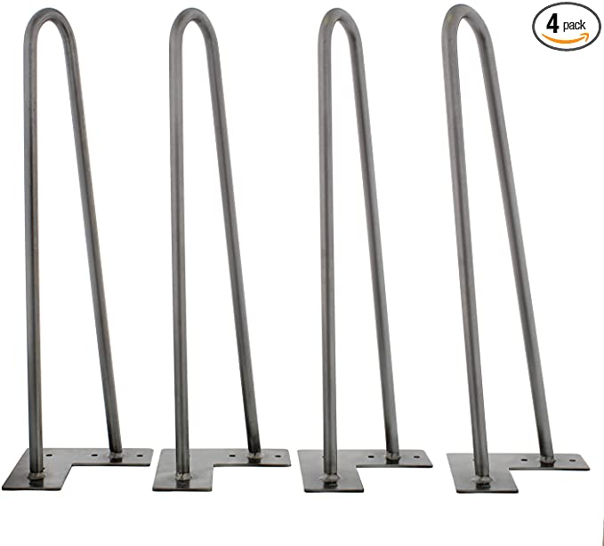 7Penn Hairpin 16in Leg 4-Pack – Silver/Raw Steel Metal Furniture Legs for Bench, Coffee Table Legs, and More