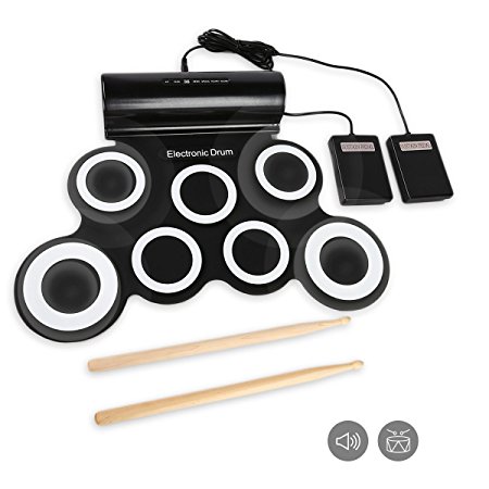 JouerNow 7 Pads Electronic Roll Up Drum Pad Kit, Waterproof Silicone Foldable Digital Hand Roll Drum Set with Sticks & Foot Pedals, USB Powered, Support Computer Music Games, Black & White