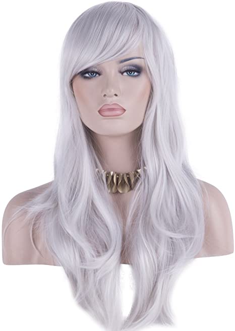 DAOTS 28" Wig Long Heat Resistant Big Wavy Hair Women Cosplay Wig (Silver White)