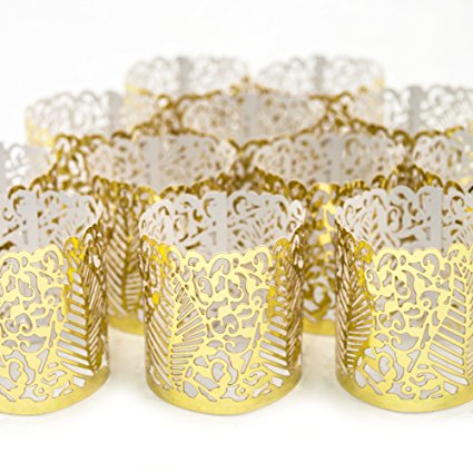 FLAMELESS TEA LIGHT VOTIVE WRAPS- 48 Gold colored laser cut decorative wraps for Frux Home and Yard Flickering LED Battery Tealight Candles (not included)