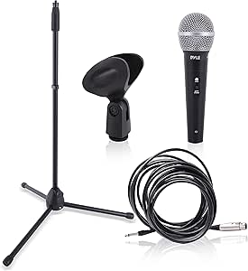 PYLE Professional Handheld Dynamic Microphone Kit - Unidirectional Vocal Wired Microphone w/Carry Bag, Metal Mic Stand, Holder/Clip & 16.4ft XLR Audio Cable to 1/4'' Audio Connection - PDMIC88ST