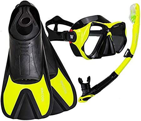 WACOOL Snorkeling Package Set for Adults, Anti-Fog Coated Glass Diving Mask, Snorkel with Silicon Mouth Piece,Purge Valve and Anti-Splash Guard w/Travel Short Swim Fins