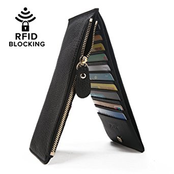 S-ZONE RFID Blocking Women‘s Genuine Leather Bifold Card Case Wallet Thin Zipper Card Wallet Purse Multi Card Organizer