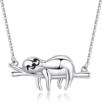 Sloth Necklace Sterling Silver “Slow Down Be Happy” Slider Sloths Stuffed Animal Pendant Jewelry Charm Gifts for Women